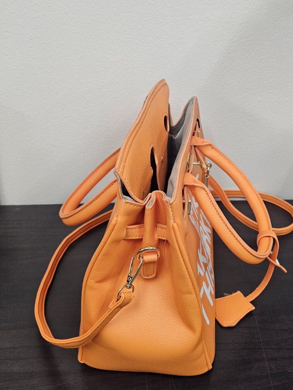 You Fake Like This Birkin Statement Satchel Handbag Orange Bright Color NWT - Picture 6 of 8